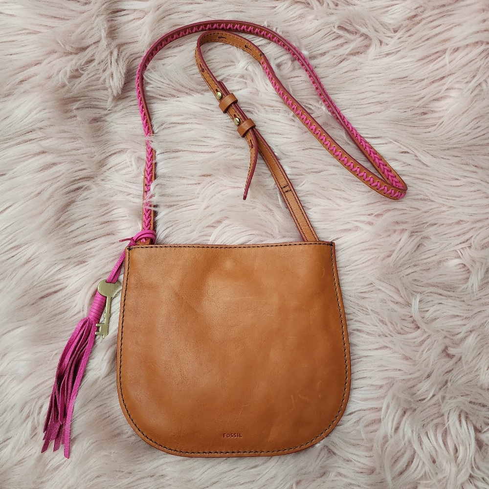 Fossil leather flat crossbody w/ woven cord & tassel